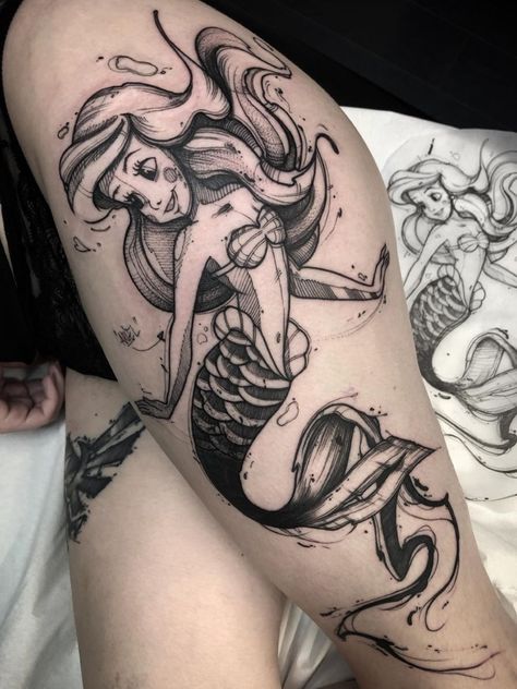 The Little Mermaid Tattoo, Hip Tattoos For Women, Mermaid Sleeve Tattoos, Ariel Tattoo, Little Mermaid Tattoo, Disney Sleeve Tattoos, Mermaid Tattoo Designs, Hip Tattoos, Feminine Tattoo Sleeves