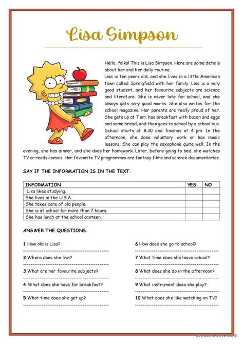 An easy reading comprehension activity. Students must read a short passage about Lisa Simpson and fill in the grid as requested. They must also answer some questions. Easy Comprehension Worksheets, English Writing Practice, Interrogative Pronouns, Writing Comprehension, Reading Comprehension For Kids, Back To School Worksheets, Esl Reading, Short Passage, Comprehension Exercises