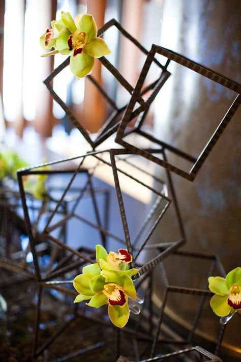 Stem Centerpieces, Tribeca Rooftop, Orchid Centerpiece, Soft Flowers, Orchid Centerpieces, Modern Centerpieces, Rooftop Wedding, Geometric Wedding, Unique Shapes