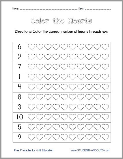 Color the Hearts Worksheet - Free to print (PDF file) for kindergarten kids on Valentine's Day. Valentines Worksheets Kindergarten, Valentines Printables Free Kids, Heart Worksheet, Valentine Worksheets, Kindergarten February, 8 Martie, Valentines Patterns, Valentines Printables Free, Printables Free