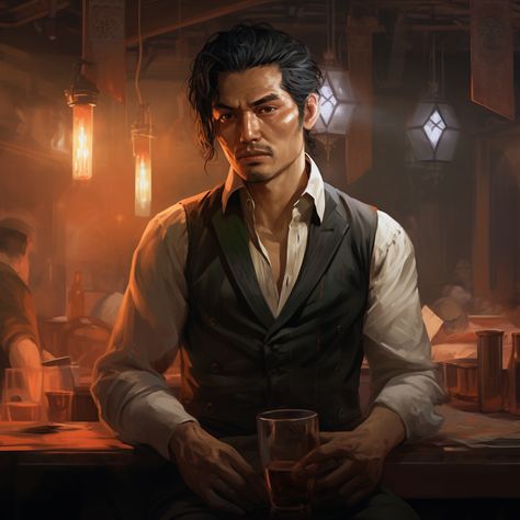 Dnd Bartender Art, Fantasy Bartender, Dnd Asian, Cluedo Characters, Asian Steampunk, Dnd Bard, Steampunk Character, Dnd Npc, Pathfinder Character