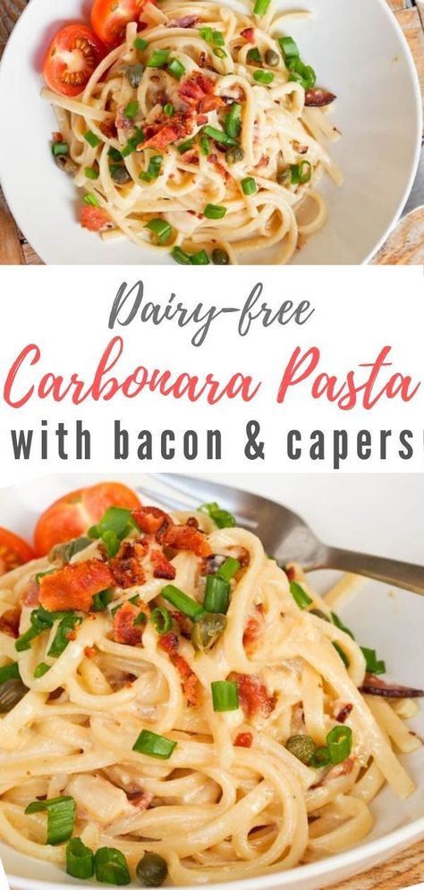 Dairy Free Carbonara pasta recipe made with coconut milk instead of cream. Healthier and lighter in calories without sacrificing the flavor! Ready in 30 mins #dinner #dairyfree #carbonara #pasta #easyrecipes Dairy Free Carbonara, Pasta Dairy Free, Carbonara Pasta Recipe, Chicken Carbonara Pasta, Cajun Pasta Recipes, Dairy Free Dinners, Wheat Pasta Recipes, Dairy Free Ideas, Bacon Carbonara