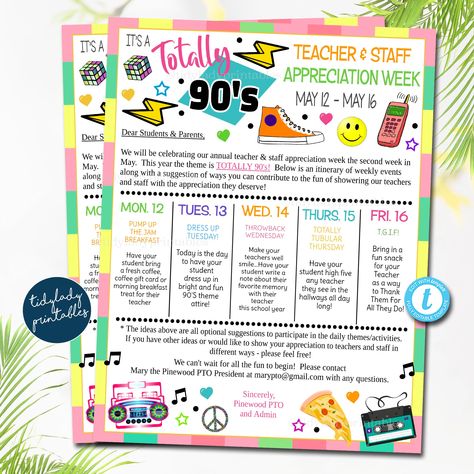 Teacher Appreciation Week Itinerary Retro 80s 90s Theme Flyer — TidyLady Printables Teacher Appreciation Activities For Staff, Teacher Appreciation Week Themes For Students, 90s Themed Teacher Appreciation, Totally 90s Teacher Appreciation, Decades Teacher Appreciation Week, 80s Teacher Appreciation Week, Taylor Swift Themed Teacher Appreciation Week, Teacher Appreciation Spirit Week, 90s Teacher Appreciation Week