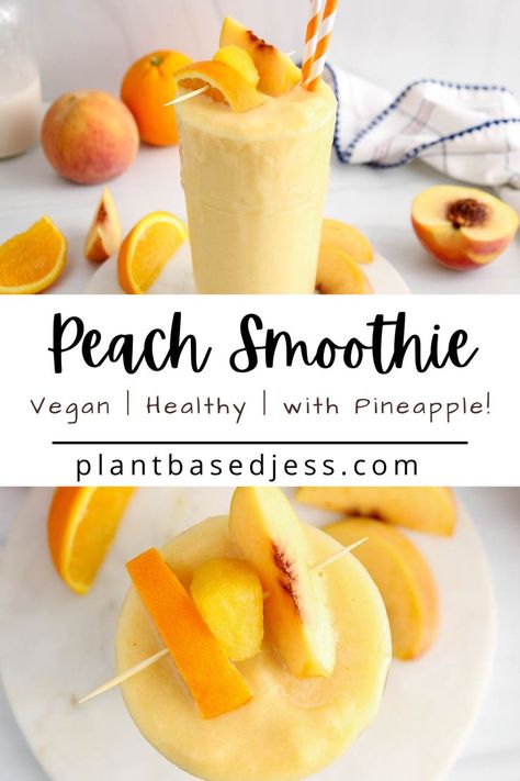 View on a tall glass of peach pineapple smoothie topped with fruits. Plant Based Smoothies, Orange Smoothie Recipes, Peach Smoothie Recipes, Pineapple Smoothie Recipes, Vegan Peach, Peach Smoothie, Orange Smoothie, Smoothie Drink Recipes, Vegan Drinks