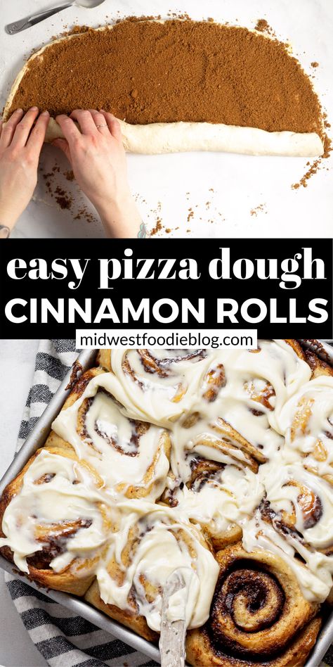 Refrigerated pizza dough makes these cinnamon rolls easy to prepare in just 15 minutes! Let the sweet smell of homemade cinnamon rolls fill your kitchen this weekend. Pizza Dough Cinnamon Rolls, Easy Cinnamon Rolls, Pizza Buffet, Cinnamon Rolls With Cream Cheese, Cinnamon Rolls With Cream, Refrigerated Pizza Dough, Pasta Per Pizza, Rolls Easy, Easy Pizza Dough