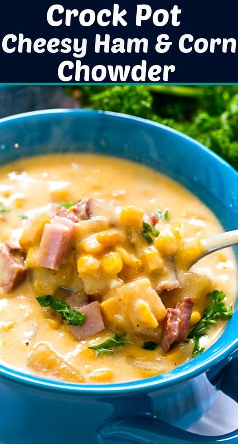 Crock Pot Cheesy Ham & Corn Chowder Corn And Ham Chowder, Ham Corn Chowder, Ham And Corn Chowder, Ham Chowder Recipe, Corn Chowder With Ham, Bacon Vegetables, Ham Chowder, Corn Chowder Soup, Cheesy Ham