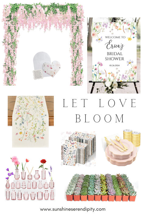 Discover the perfect theme for a dreamy bridal shower - "Let Love Bloom". Embrace the beauty of floral decor, enchanting pink accents, and adorable favors that will make your celebration a blooming success. In this blog post, we will guide you through creating a romantic and whimsical atmosphere for the bride-to-be's special day.    #affiliate floral bridal shower, petals and prosecco, let love bloom, wildflower theme party, bridal shower themes for 2024, bridal shower themes for 2025 Garden Theme Wedding Shower Ideas, Bloom Party Theme, Bride In Bloom Theme, Love In Bloom Bridal Shower Theme Decor, Flower Theme Bridal Shower Ideas, Let Love Bloom Bridal Shower Theme, Wildly In Love Bridal Shower Theme, Wildflower Theme Party, Wild Flower Bridal Shower Ideas