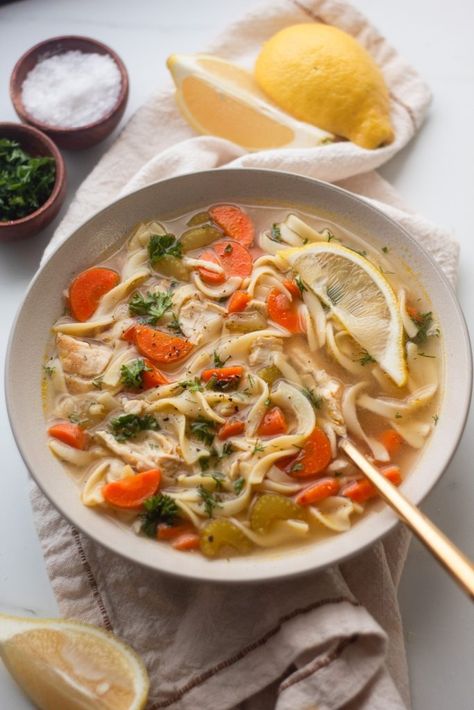 Lemon Ginger Chicken Noodle Soup - Our Balanced Bowl Ginger Chicken Noodle Soup, Lemon Ginger Chicken, Ginger Chicken Soup, Asian Ingredients, Homemade Broth, Green Curry Chicken, Fresh Carrots, Lemon Chicken Soup, Asian Spices