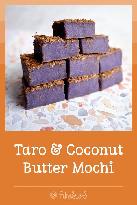 Squishy butter mochi with flavours of taro & coconut ♥︎ fikabrodbox.com #buttermochi #taro Taro Powder Recipes, Taro Bread, Taro Powder, Mochiko Flour, Butter Mochi, Purple Food Coloring, Purple Food, Glutinous Rice Flour, Unsweetened Coconut Milk