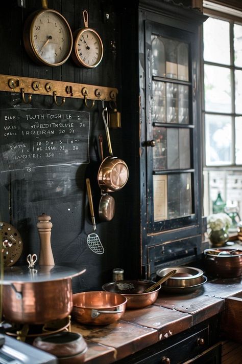 Moody Kitchen, Farmhouse Kitchen Decor Ideas, Cozy Nooks, Minimalist Kitchen Design, Farmhouse Inspiration, Kitchen Decor Ideas, Shabby Chic Farmhouse, Copper Pots, Industrial Kitchen