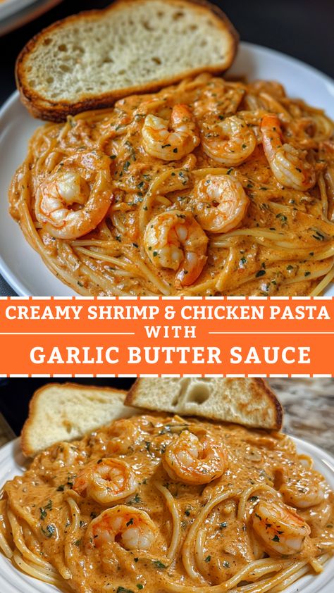 Creamy Shrimp & Chicken Pasta with Garlic Butter Sauce Brown Butter Shrimp Pasta, Creamy Shrimp And Chicken Pasta, Creamy Garlic Butter Shrimp Pasta, Chicken And Shrimp Recipes Pasta, Fettuccine With Shrimp, Shrimp And Chicken Recipes, Family Healthy Dinners, Chicken And Shrimp Alfredo Recipe, Shrimp And Chicken Pasta