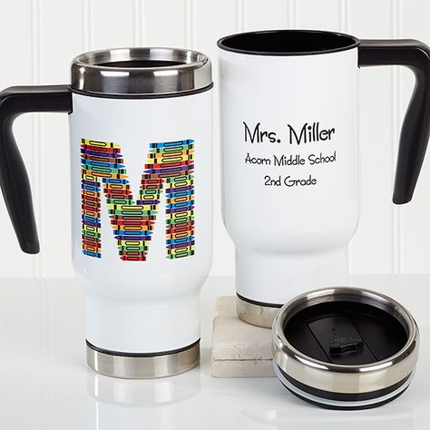 Personalized Commuter Teacher Travel Mug - Crayon Letter Teacher Mug Gift Ideas, Crayon Letter, Mug Gift Ideas, Coffee Gift Basket, Custom Travel Mugs, Personalized Travel Mugs, Traveling Teacher, Travel Crafts, Gourmet Gift Baskets