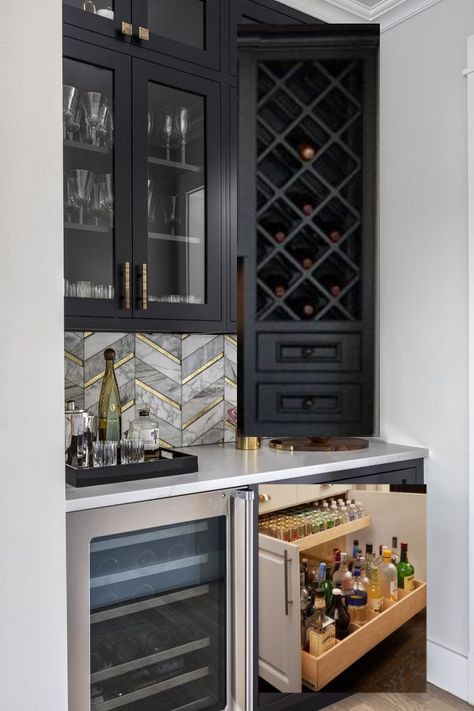 Wine Rack Wet Bar, Small Corner Dry Bar Ideas, Wet Bar Transformation, Wet Bar Designs Nook, Contemporary Wet Bar Designs, Small Wall Bar Ideas, Wet Bar Ideas In Kitchen, Bar Cubby Ideas, Entryway Bar Ideas