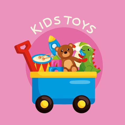 Cart with kids toys icons | Premium Vector #Freepik #vector #baby #kids #cartoon #cute Toy Poster, Toy Store Design, Pet Shop Logo Design, Pet Shop Logo, Toys Logo, Toys Market, Create Logo Design, Toys Cartoon, Kids Toy Shop