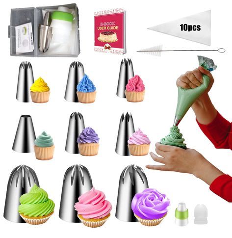 PRICES MAY VARY. 🍰[ 304 Stainless Steel Materials ] - : All accessories is made of high-quality safe food-grade kitchen materials, not rust , more durable, sturdy and reusable, safe for family cake making, adults and kids are applicative. 🍰[ Professional Piping Nozzles Set ] - : This piping tips kit is well prepared to start your baking! 3 numbered X-Large icing tips, 6 numbered Medium Icing Tips,10 piping bags, 2 couplers, a clean brush, a storage box. Easy to complete the desired icing swirl Cupcake Piping, Piping Tip, Piping Nozzles, Family Cake, Cupcake Baking, Cupcake Cake Designs, Frosting Tips, Icing Tips, Cake Decorating Kits