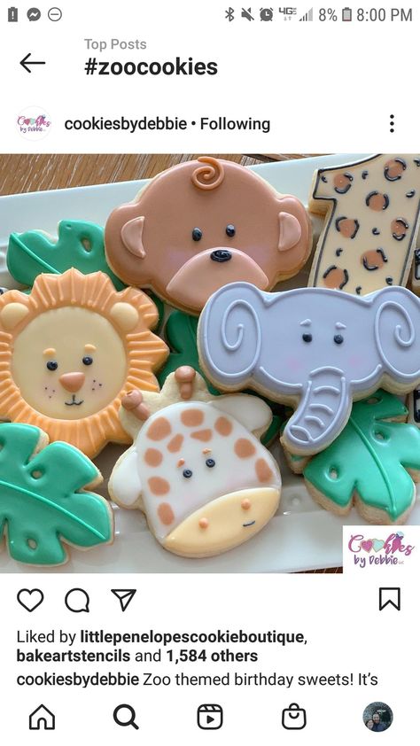 Jungle Safari Cake, Jungle Birthday Cakes, Zoo Baby Shower, Giraffe Cookies, Safari Baby Shower Boy, Baby Zoo Animals, Safari Cookies, Birthday Sweets, Animal Birthday Cakes