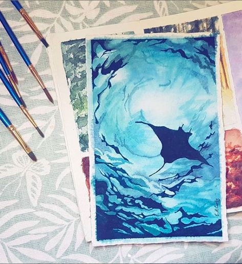 Watercolour Painting Ocean, Cool Watercolour Ideas, Water Painting Watercolour, Stingray Art Painting, Stingray Watercolor Painting, Underwater Gouache Painting, Gouache Underwater, Ocean Watercolor Art, Watercolour Stingray