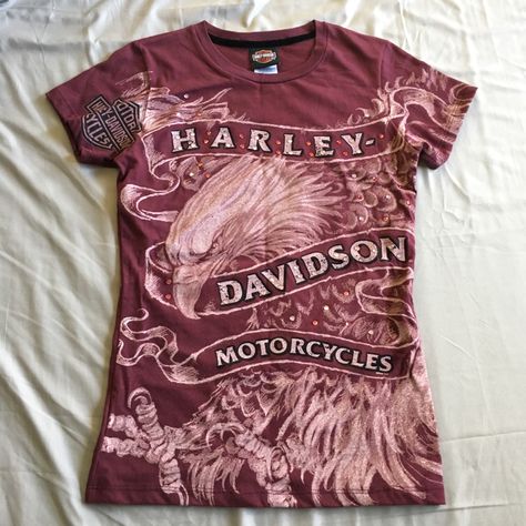 Harley Davidson Maroon T-Shirt W/ Rhinestones Nwot Only Tried On. Soft Affliction, Harley Davidson Fashion, Harley Davidson Shirts, Maroon T Shirt, Silly Shirt, Harley Davidson Clothing, Pink Shirts, 2000s Clothes, Custom Tshirt