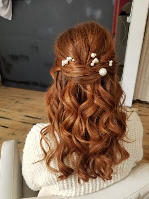 Bridal Hairstyles Half Up Half Down Red Hair, Auburn Bridal Hair, Red Hair Bridesmaid Hairstyles, Wedding Hairstyles Red Hair Half Up, Wedding Hair Red Hair, Wedding Red Hairstyles, Prom Hairstyles For Red Hair, Auburn Hair Half Up Half Down, Copper Bridal Hair