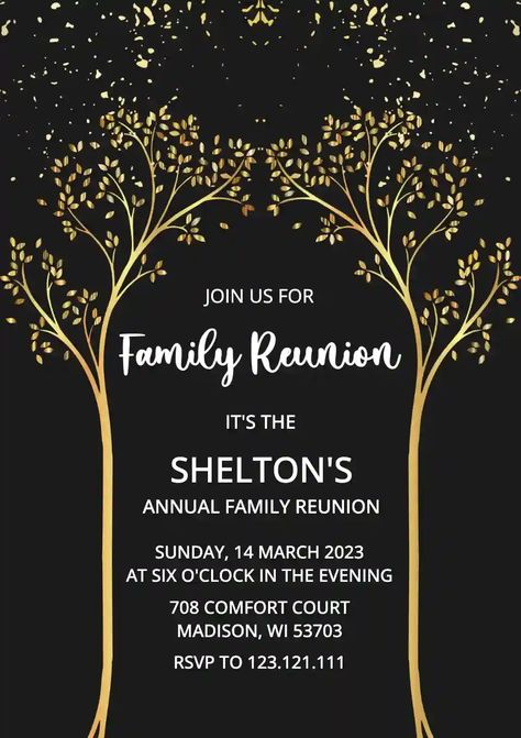 Family Reunion Invitations Templates, Reunion Invitation, Free Invitation Cards, Family Reunion Invitations, Reunion Invitations, Online Invitation, Invitation Maker, Gold Tree, Black Families