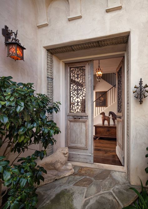 Mediterranean Style Front Door, Spanish Double Doors, Front Door Mediterranean, Front Door Mudroom, Mediterranean Front Door, Mediterranean Window Treatments, Spanish Style Doors, Mediterranean Front Doors, Outdoor French Doors