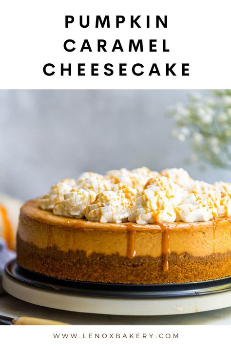 Pumpkin Cheesecake Caramel, Butternut Bakery Cheesecake, Cheesecakes For Fall, Carmel Pumpkin Cheesecake Recipes, Salted Caramel Pumpkin Cheesecake, Fall Themed Cheesecake, Fall Flavor Cheesecake, Pumpkin Cheesecake Decoration, Caramel Fall Desserts