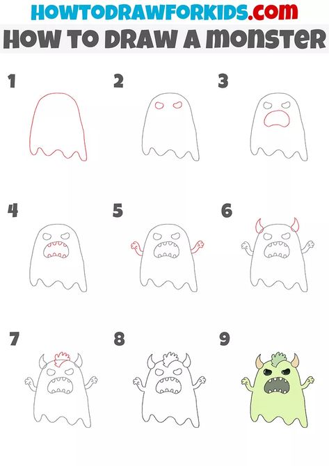 Cute Monsters Drawings Easy, How To Draw A Monster, Monster Directed Drawing, Scary Monster Drawing, Draw A Monster, Drawing Methods, Cute Monsters Drawings, Medieval Drawings, Custom Minifigures