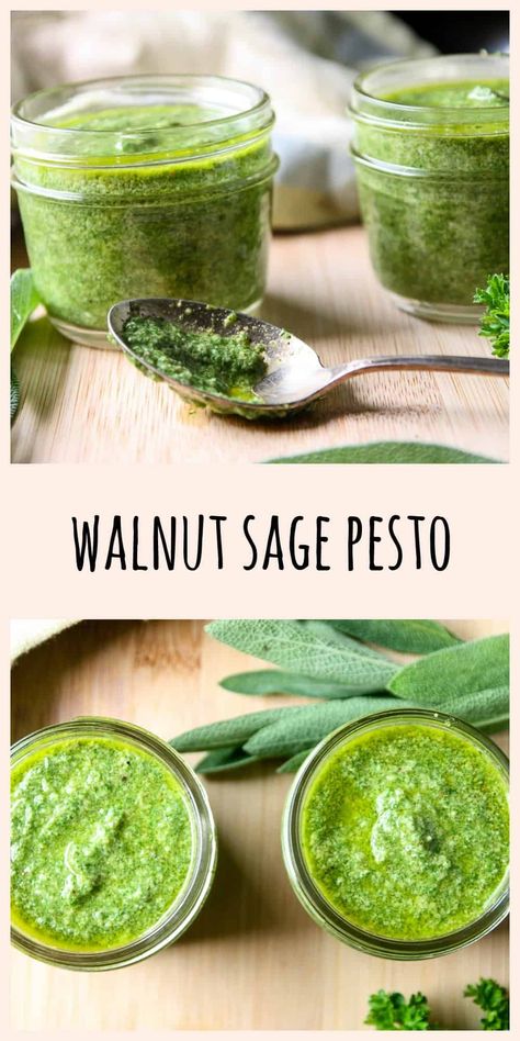 Walnut Sage Pesto Sage Pesto, Vegetarian Pesto, Preserve Fresh Herbs, Pesto Recipes, Sage Recipes, Pesto Dip, Fall Fruit, Pizza Base, Walnut Pesto