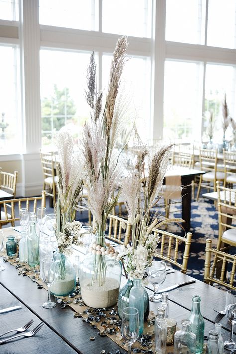 Sea Glass Wedding Table, Beach Grass Centerpiece, Maritime Wedding Decoration, Nautical Boho Wedding, Seaglass Wedding Table Decor, Sea Glass Bridal Shower Ideas, Coastal Theme Wedding Decor, Coastal Christmas Wedding, Coastal Wedding Decor Wedding Table Decor