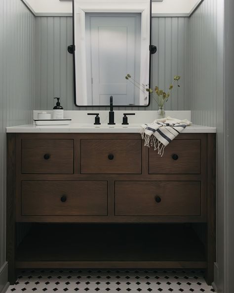 Remy’s bathroom.. #bathroom #boys #vanity #powder #tile #custom #cabinet #interior #design #decor #decorating #bhg #target #style Brown Wood Bathroom Vanity, Cabinet Interior Design, Dark Tile Floors, James May Homes, Bathroom Cupboards, Cabinet Interior, Dark Wood Bathroom, Dark Tile, Dark Bathrooms