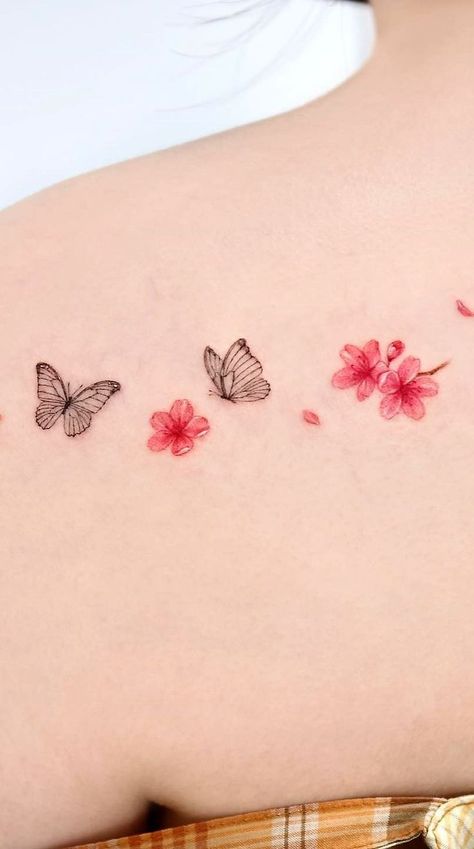 Sakura Back Tattoo, Cute Colorful Tattoos, Sakura Flower Tattoo, Pinky Tattoo, Your Wings Already Exist, Sakura Tattoo, Colorful Tattoos, Tattoos For Women Flowers, Sakura Flower