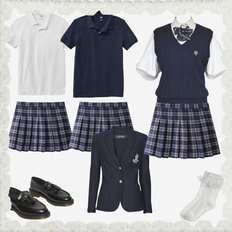 School Uniforms Male And Female, Highschool Outfits Uniform, Rich Private School Aesthetic Uniform, Uk Uniform Aesthetic, Navy School Uniform, School Uniform Fashion Aesthetic, Boarding School Uniforms Aesthetic, Polo Uniform Outfits Schools, Blue Uniform Aesthetic