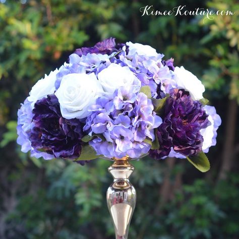 79 Likes, 3 Comments - KimeeKouture (@kimeekouture) on Instagram: “KimeeKouture.com Plum PEONIES, Lavender HYDRANGEAS, Ivory ROSES. Wedding Centerpiece Arrangement.…” Purple Centerpieces, Hall Decorations, Simple Wedding Flowers, Wedding Motifs, Quinceanera Decorations, Event Display, Bridal Shower Centerpieces, Ivory Roses, Inexpensive Wedding Venues