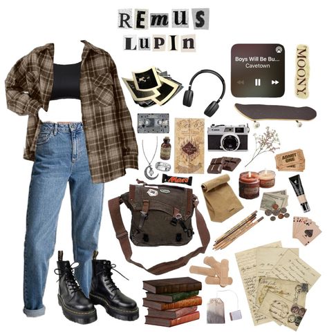 Whats In Remus Lupin Bag, Remus Lupin Clothing Aesthetic, Marauders Clothes Aesthetic, Moony Remus Lupin Aesthetic Outfits, Lily Evens Aesthetic Outfit, Remus Lupin Style Clothes, Remus Lupin Mood Board, Remus Lupin Outfit Aesthetic Summer, Female Remus Lupin Outfit