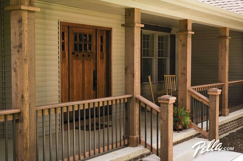 Front Porch Railing Ideas, Wood Entry Door, Porch Railing Designs, Front Porch Railings, Porch Kits, Porch Wood, Traditional Porch, Porch Remodel, Building A Porch