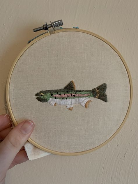 Embroidered Fish Patterns, Embroidered Trout, Salmon Embroidery, Trout Embroidery Pattern, Rainbow Trout Embroidery, Embroidered Fish Simple, Simple Fish Embroidery, Trout Embroidery, Crochet Trout