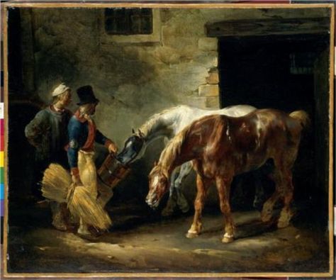 TWO POST HORSES AT THE STABLE, BY THEODORE GERICAULT Horse Mural, Four Horses, Fabric Artwork, Cleveland Museum Of Art, European Paintings, Horse Stables, Tile Murals, At The Door, Equine Art