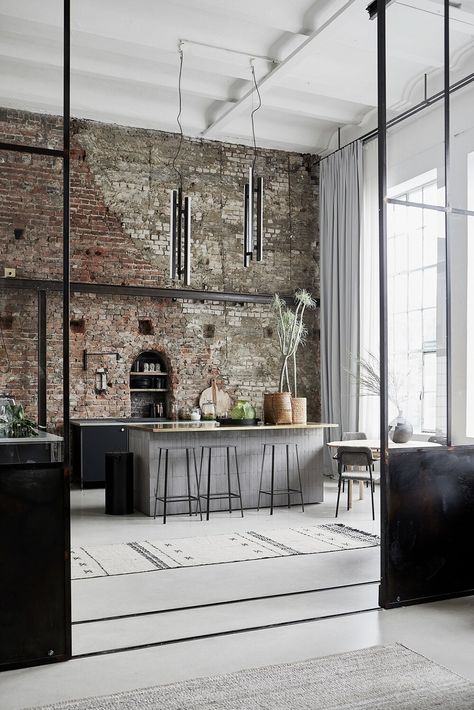 A Bright Industrial Loft Decorated With House Doctor's Spring/Summer Collection - The Nordroom Industrial Loft House, New Yorker Loft, Industrial Home Design, New York Loft, Iron Stools, Industrial Interior Design, Loft Interiors, Loft Decor, Industrial Interiors