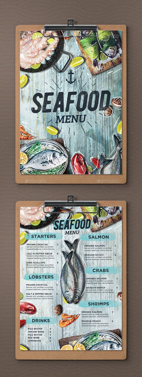 Seafood Menu - Food Menus Print Templates Download here : https://graphicriver.net/item/seafood-menu/21677615?s_rank=42&ref=Al-fatih Seafood Menu Design Templates, Bar Food Menu Design, Fish Menu Ideas, Fish Restaurant Menu Design, Beautiful Menu Design, Beach Restaurant Menu Design, Beach Menu Design, Fish Menu Design, Seafood Menu Design