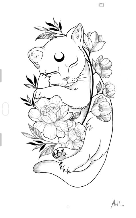 Cat Tattoo Drawing, Tattoo Gato, Quarter Sleeve Tattoos, Floral Tattoo Sleeve, Creepy Tattoos, Tatuaje A Color, Memorial Tattoos, Henna Tattoo Designs, Great Tattoos