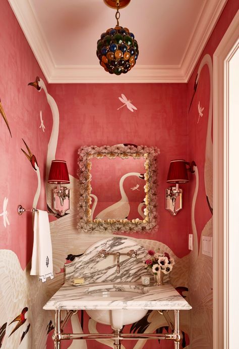 Pink Powder Room, Estilo Kitsch, Leontine Linens, Swan Wallpaper, Ann Sacks Tiles, Powder Room Wallpaper, Pink Powder, Blue And White Fabric, Westchester County