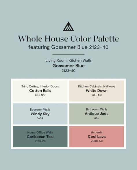 Wallauer Paint, Hardware & Design | Beat the heat with a cool, refreshing whole house color scheme anchored by Gossamer Blue 2123-40, a balanced mix of gray, blue and green... | Instagram Blue Whole House Color Scheme, Playroom Color Scheme, Color Scheme Blue, Whole House Color Scheme, Paint Hardware, Teal Palette, Havenly Living Room, Gossamer Blue, Green Instagram