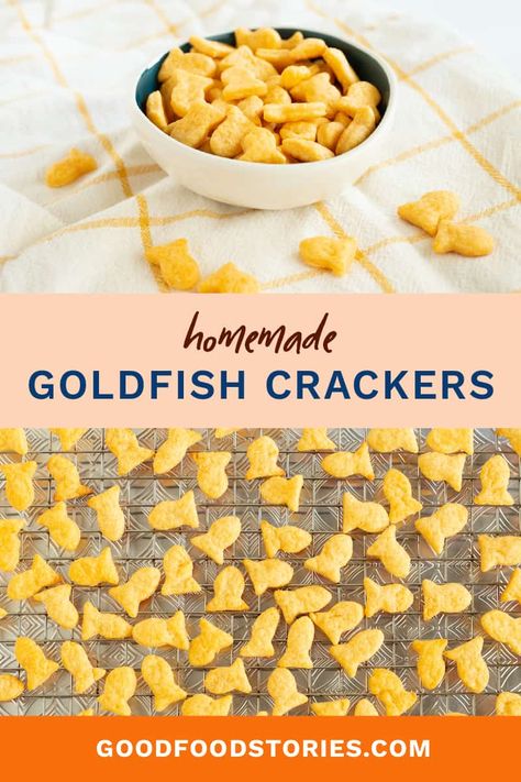 Homemade Goldfish crackers from the cookbook Classic Snacks Made from Scratch are crispy, cheesy, and easy to make with simple ingredients. #goldfishcrackers #homemade #snacks #cheesecrackers #classicsnacks Homemade Goldfish, Homemade Goldfish Crackers, Fish Crackers, Goldfish Crackers, School Snack, Cracker Recipes, Savoury Baking, One Pot Pasta, Homemade Snacks