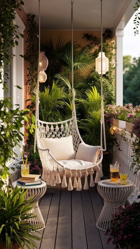 Balcony With Hanging Plants, Balcony Hammock Apartment, Hanging Chair Balcony, Fairy Balcony, Balcony Fairy Lights, Swinging Chair Outdoor, Cozy Balcony Ideas Apartments, Oasis Balcony, Balcony Hammock