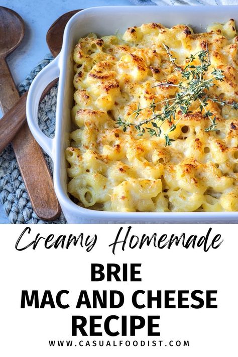 This Creamy Brie Mac and Cheese is the Best homemade macaroni and cheese recipe! This baked mac and cheese is creamy and indulgent, the perfect dinner or side dish idea. Serve this brie mac and cheese with chicken, beef or pork or as a holiday side dish for Christmas, Thanksgiving, New Years Eve or Easter. The best brie mac and cheese recipe. www.casualfoodist.com Holiday Baked Mac And Cheese, Brie Mac And Cheese Recipes, Brie Cheese Dinner Recipes, Christmas Mac And Cheese, Brie Mac And Cheese, Mac And Cheese With Chicken, Best Homemade Mac And Cheese Recipe, Sides Potatoes, Thanksgiving Mac And Cheese