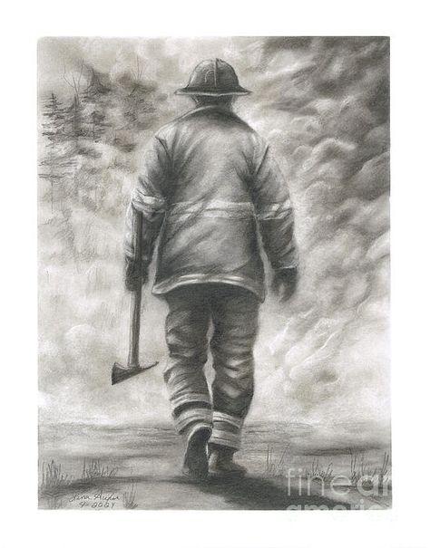 Fireman Drawing, Firefighter Drawing, Drawing Fire, Forest Drawing, Firemen Gifts, Charcoal Pencil, Charcoal Drawings, Forest Fire, Charcoal Drawing