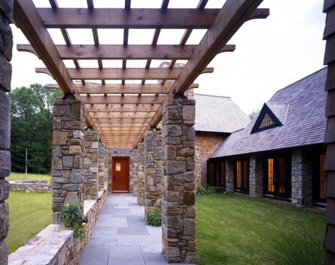 15 Out Of The Ordinary Eclectic Entry Designs For Your Home Eclectic Entryway, Rustic Transitional, Transitional Exterior, New England Farmhouse, Walkway Design, Covered Walkway, Entry Design, Stone Pillars, Bathroom Remodel Pictures