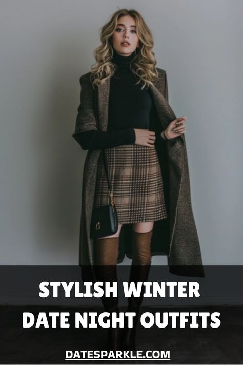 Woman in chic winter outfit with long coat, plaid skirt, and high boots, ideal for stylish date nights. Winter Date Night Outfit Dress, Winter Romantic Outfits, Winter Date Outfit Ideas, Winter Date Outfit, Date Night Outfit Dress, Winter Date Night Outfit, Beige Knit Dress, Winter Date Outfits, Black Turtleneck Dress