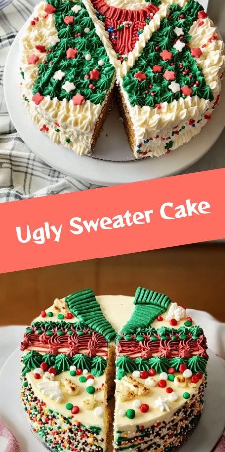 "Ugly Sweater Cake Extravaganza: Festive Baking Fun for the Holidays!" This pin features a delightful and colorful Ugly Sweater Cake, perfect for bringing laughter and cheer to your holiday table. Get creative with decorating and add your unique touch to this festive dessert! #UglySweaterCake #HolidayBaking #ChristmasFun #CreativeCakes #FestiveDesserts #CakeDecoratingFun #BakeAndDecora Christmas Sweater Cake, Ugly Christmas Sweater Cake, Ugly Sweater Cake, Sweater Cake, Festive Baking, Colorful Desserts, Baking Fun, Festive Desserts, Cheesecake Cupcakes