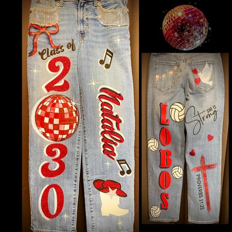 Homecoming Jeans Decorated, Homecoming Jeans, Senior Jeans, Homecoming Mums Diy, Homecoming Mums, Disco Ball, High Jeans, Homecoming, High School